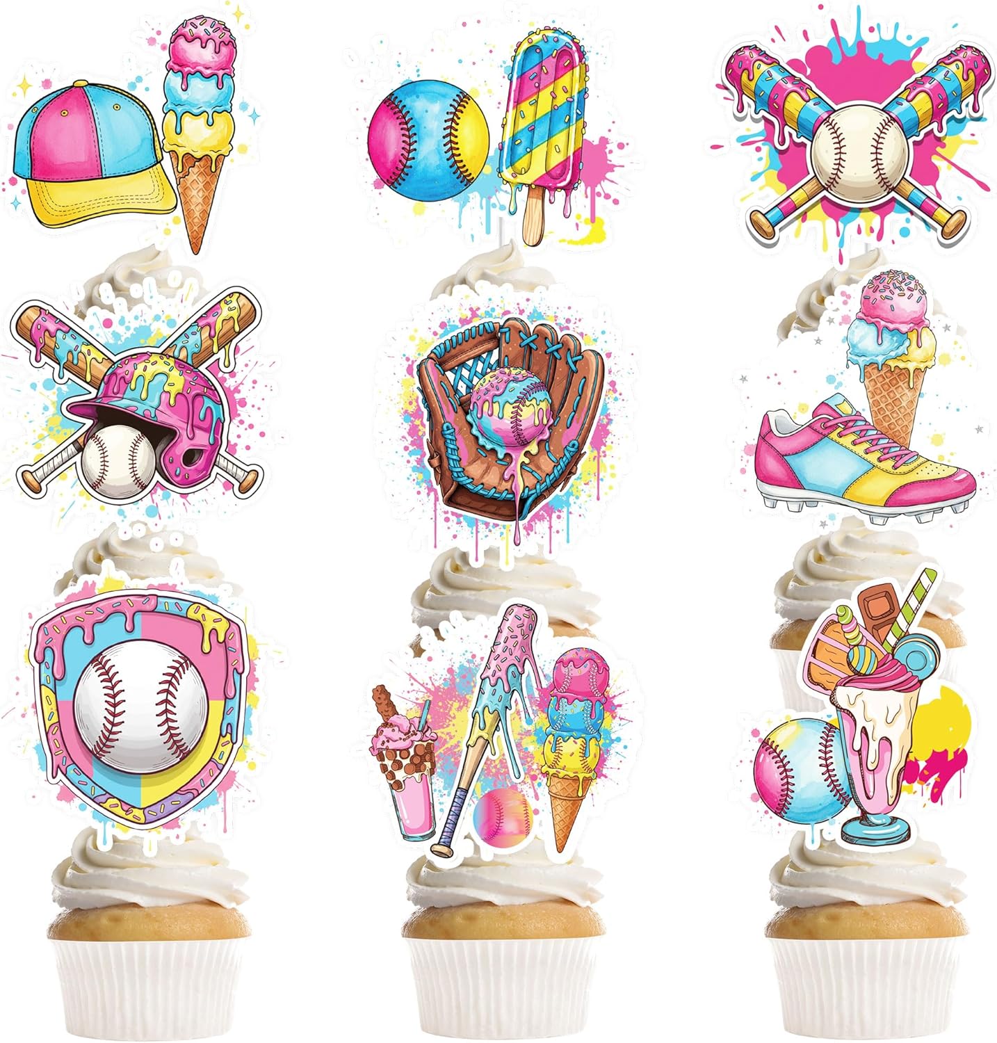 Regine Switzerland Ice Cream Drip Baseball Cupcake Toppers - 36 Pcs Birthday Party Decorations for Kids