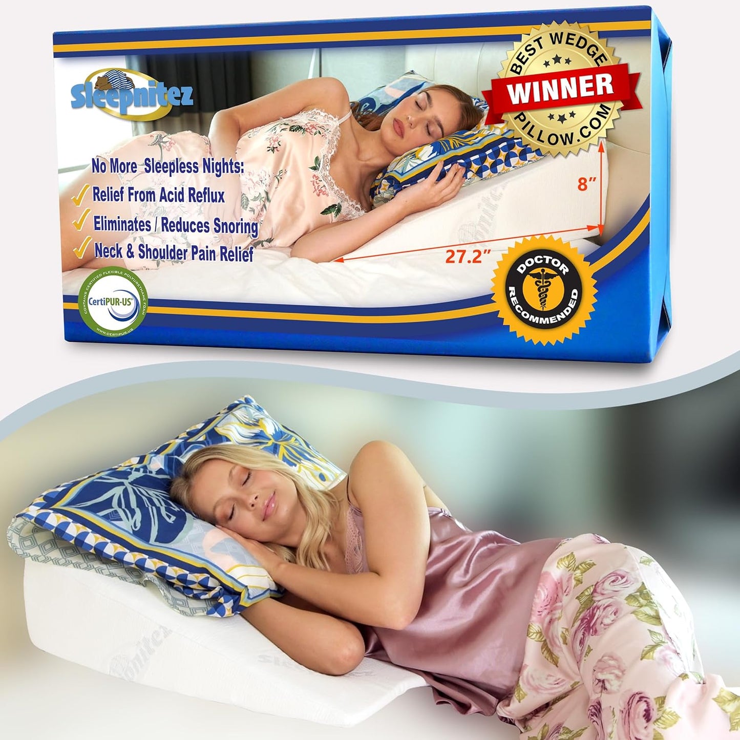 Sleepnitez Bed Wedge Pillow - Memory Foam for Acid Reflux, Snoring & Sleep Apnea | 8" Height, Luxurious Comfort