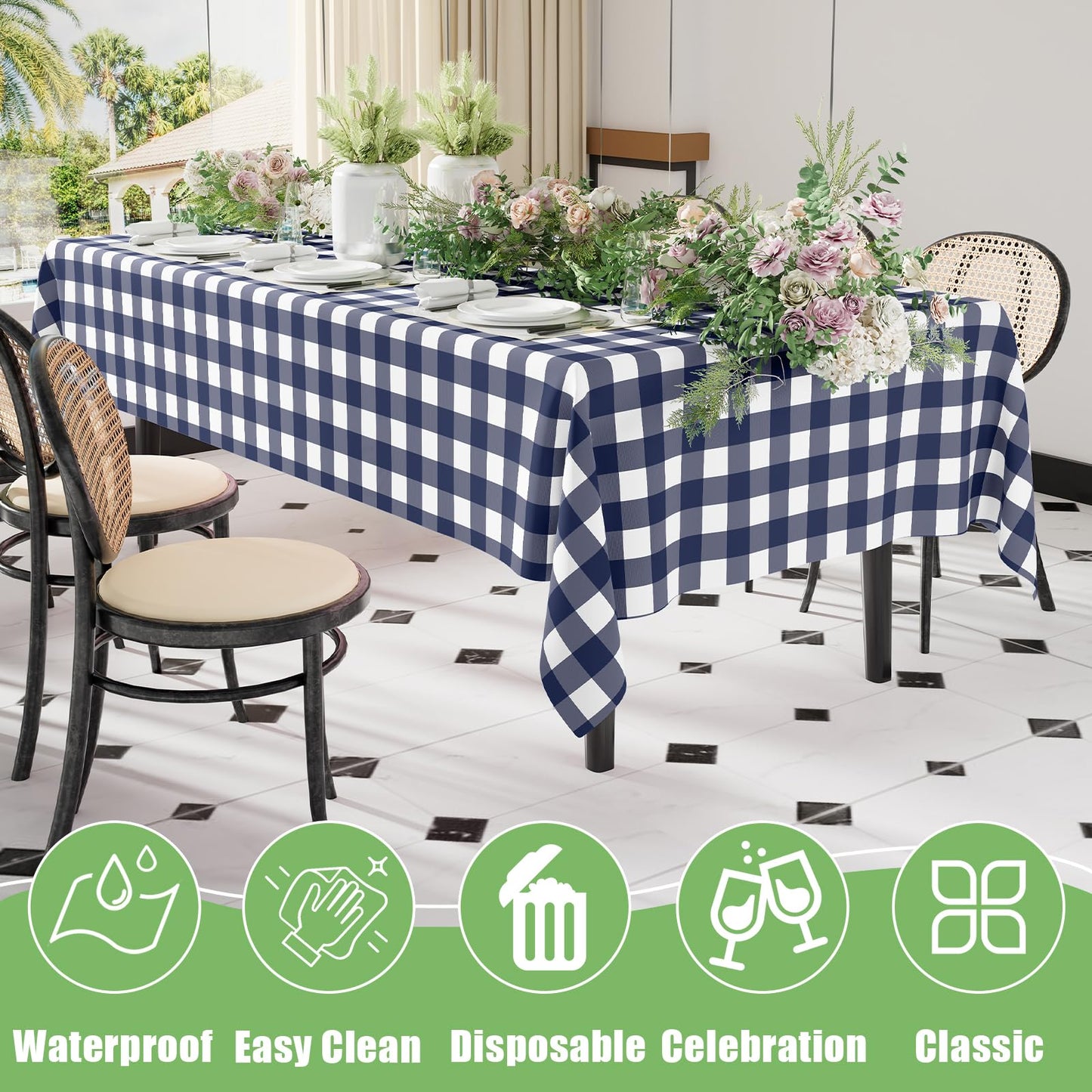 Smiry 10 Pack Navy Gingham Disposable Tablecloths - 54" x 108" Heavy Duty Plastic Table Cloth, Waterproof Buffalo Plaid Table Covers for Picnic, Banquets, Outdoor Parties
