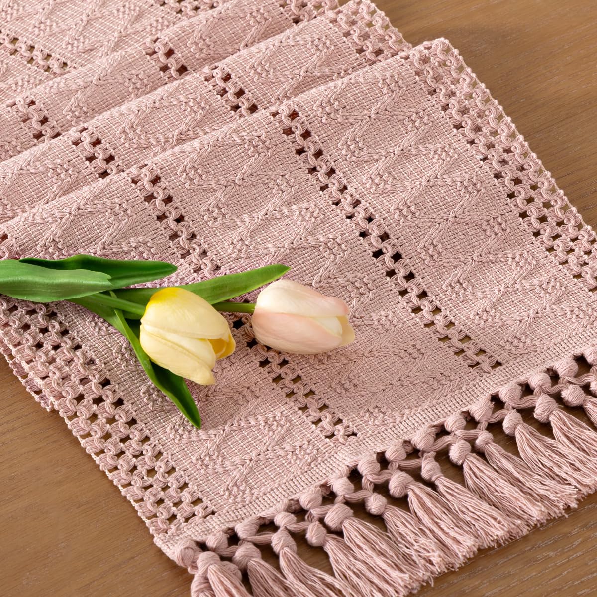 Socomi Boho Table Runner Summer Farmhouse Rustic Dining Kitchen Centerpiece Decor Long Macrame Woven Cotton Linen Coffee Table Runner for Dresser Scarf Home Decor 12x108 in Pink