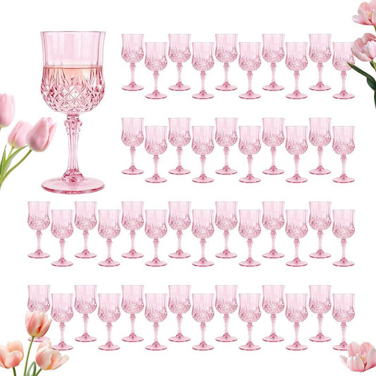 LEYIQU Plastic Wine Glasses, Plastic Goblets Vintage Style Cordial Unbreakable Drinking Glasses， Reusable Drinkware for Wedding Reception, Grand Event Party Supplies, Mother's Day(48, Pink)