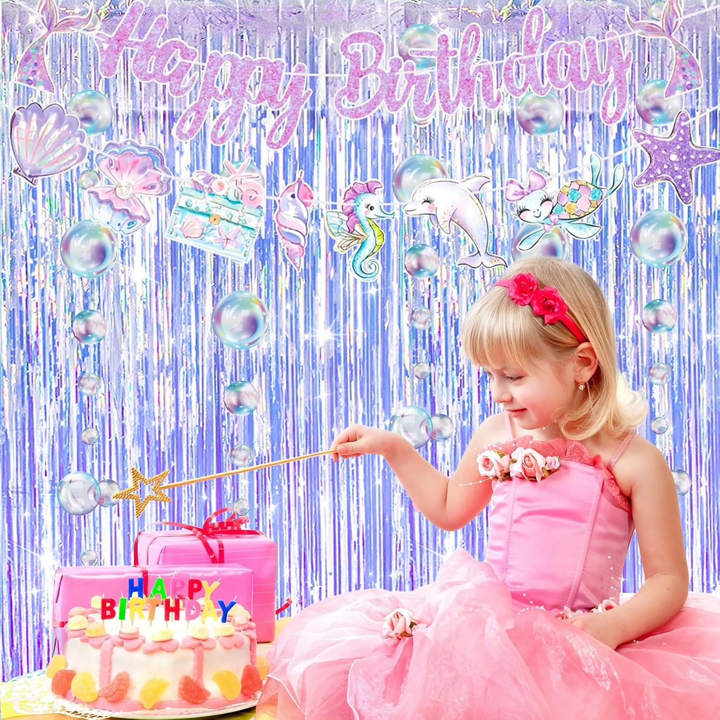 Skiennix Iridescent Party Streamers - Tinsel Foil Fringe Curtains & Colorful Bubble Garlands | Ocean Party Decor