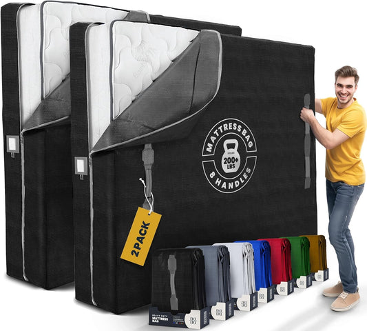 Mattress Bags for Moving - Extra-Thick Full XL with 8 Handles | Reusable Zippered Storage Cover - 2 Pack