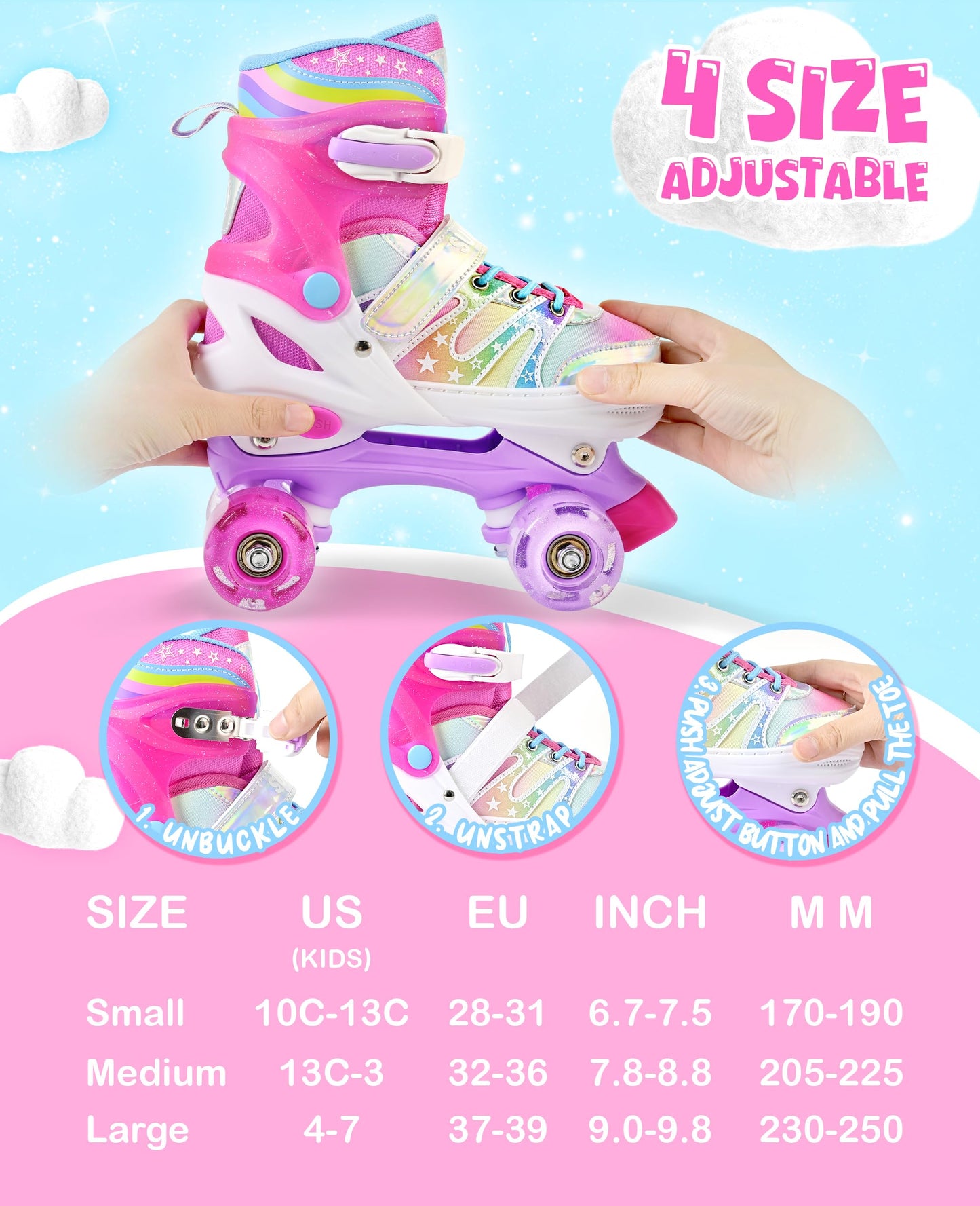 SULIFEEL Rainbow Tie-Dye Adjustable Roller Skates for Girls Kids Ages 3-5 5-8 6-12 Pink Purple Light Up Skate with Fluffy Pom Poms Triple Protection for Indoor Outdoor Skating