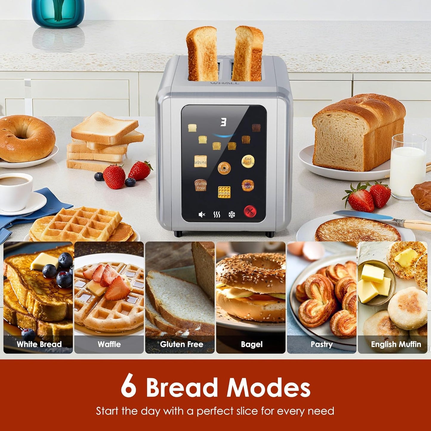 WHALL 2-Slice Stainless Steel Toaster - Full Touch Screen, Digital Timer, 6 Bread Types & Shade Settings, Silver