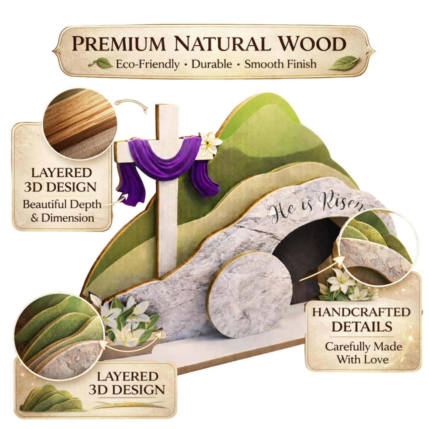 Lemonus He is Risen Easter Nativity Set - Empty Tomb Decor with Stone Texture & Scripture Verse | Christian Easter Tabletop Display for Home, Church Altar | Religious Resurrection Decorations