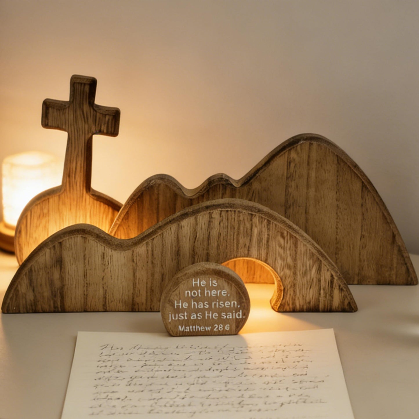 FESTGLOX Wooden Empty Tomb Set with Cross, Empty Tomb Easter Scene for Christian Decoration, Wooden Easter Resurrection Scene for Religious Display, Home Office Tabletop Tray, Church, Shelf Decor