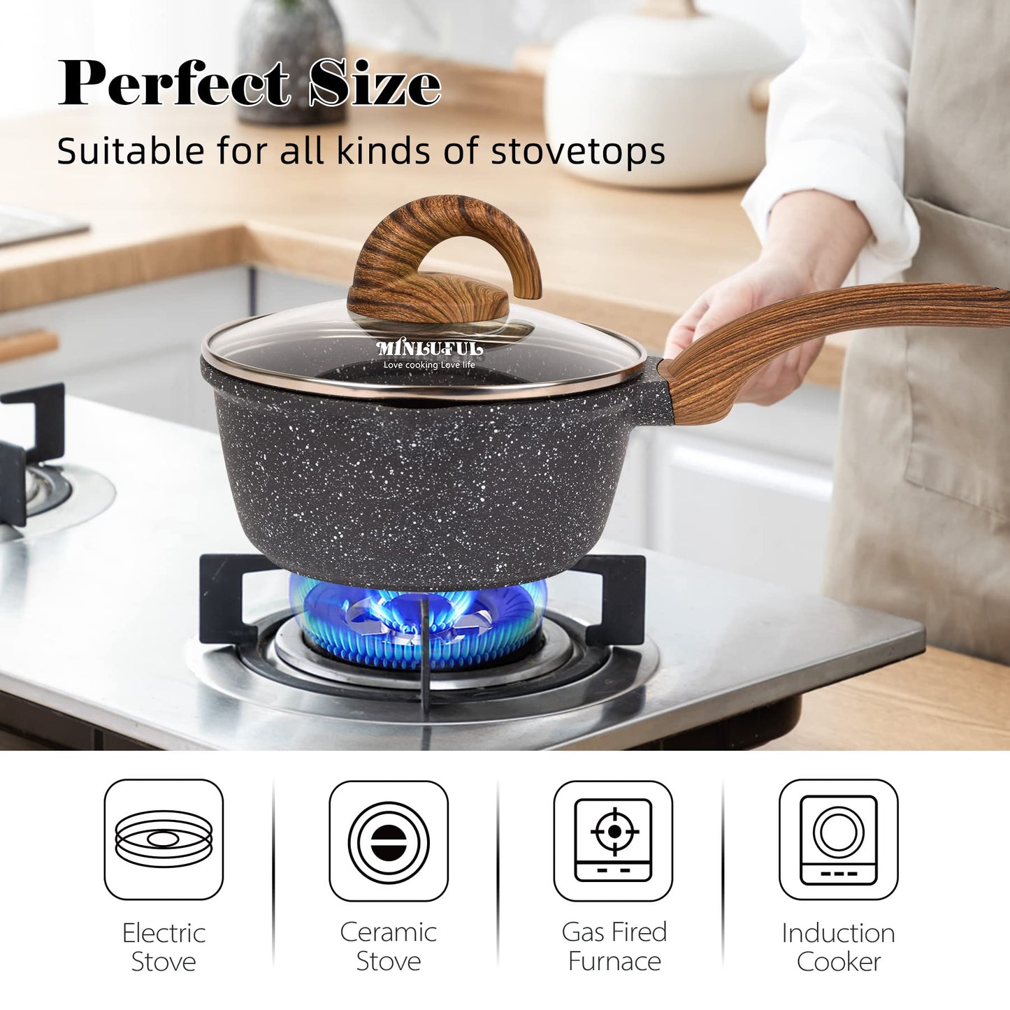 MINLUFUL Nonstick Saucepan with Lid, 1.8 Quart Classic Black Granite Coated Pasta Soup Pot for All Stovetops, 7 Inch Small Sauce Pan for Cooking Sauce Soup and Milk