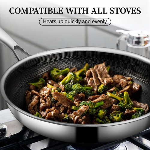 CADIVIZZO Stainless Steel Frying Pan with Lid - 11 Inch Nonstick Frying Pan with Lid, Honeycomb Stainless Steel Skillet Omelet Chef's Pan with Stay Cool Handle, Induction Compatible, PFOA Free
