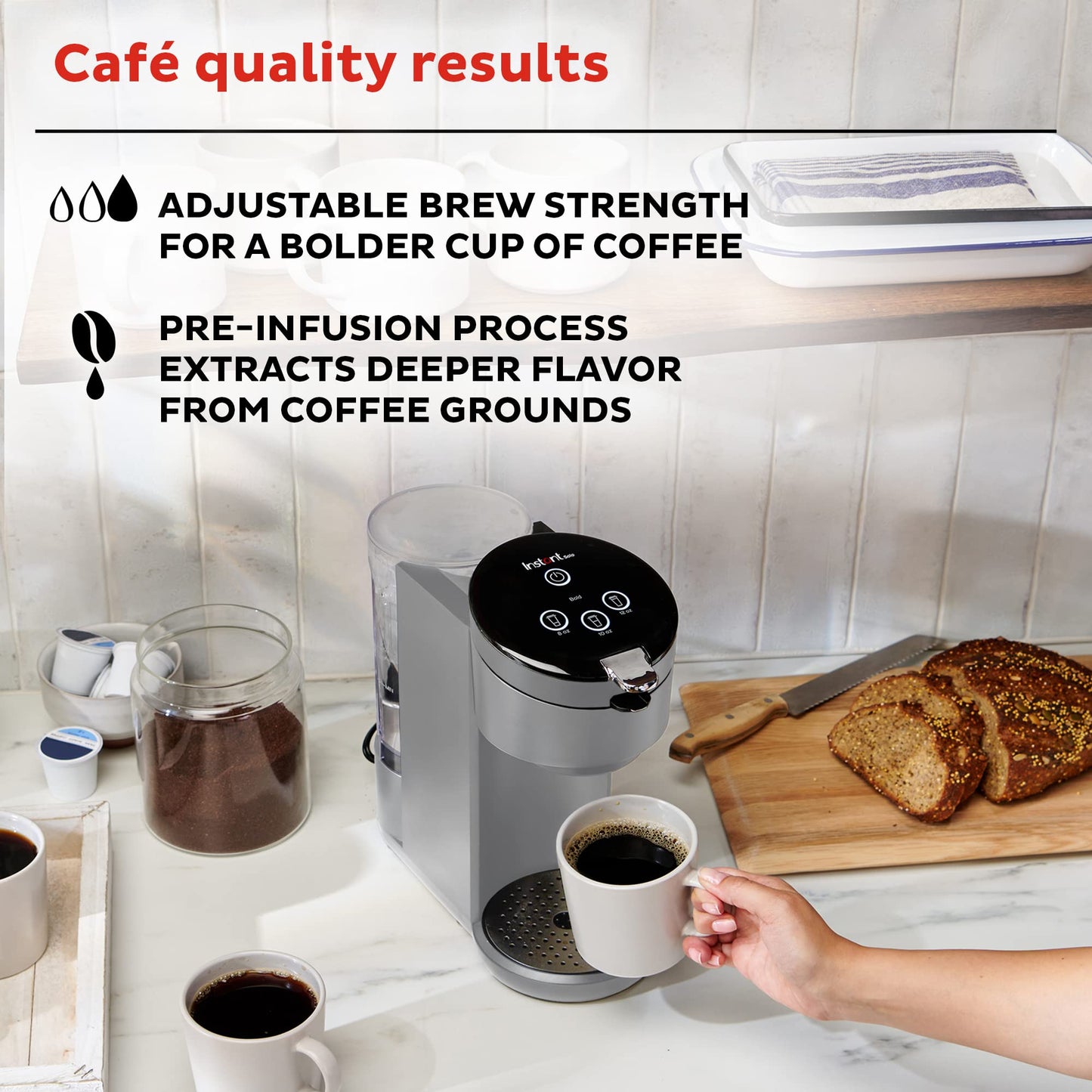 Instant Pot Single Serve K-Cup Pod Compatible Coffee Maker with Reusable Pod & Bold Setting, 8-12oz, 40oz Reservoir, Grey