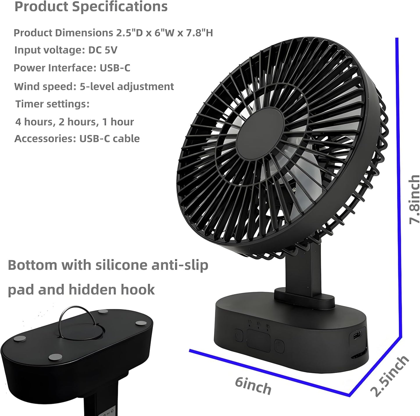 Skiennix USB Mini Desk Fan - 6-Inch Quiet Operation, 5-Speed Adjustable, Digital Display & 90-Degree Rotation | Black