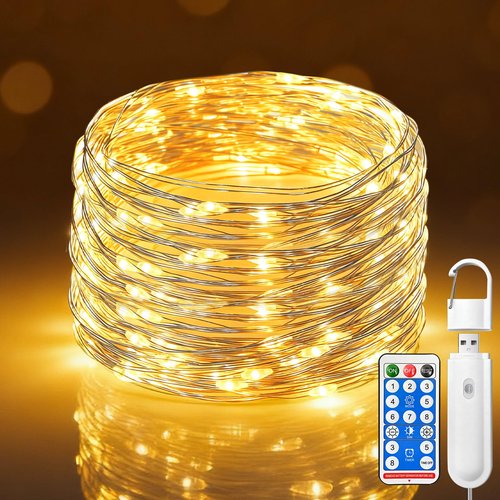 btfarm Rechargeable Fairy Lights Battery Operated, 33FT 100LED Twinkle Lights with Remote & Timer, 8 Modes Waterproof String Light for Indoor Outdoor Christmas Camping Plants Craft Decor, Warm White
