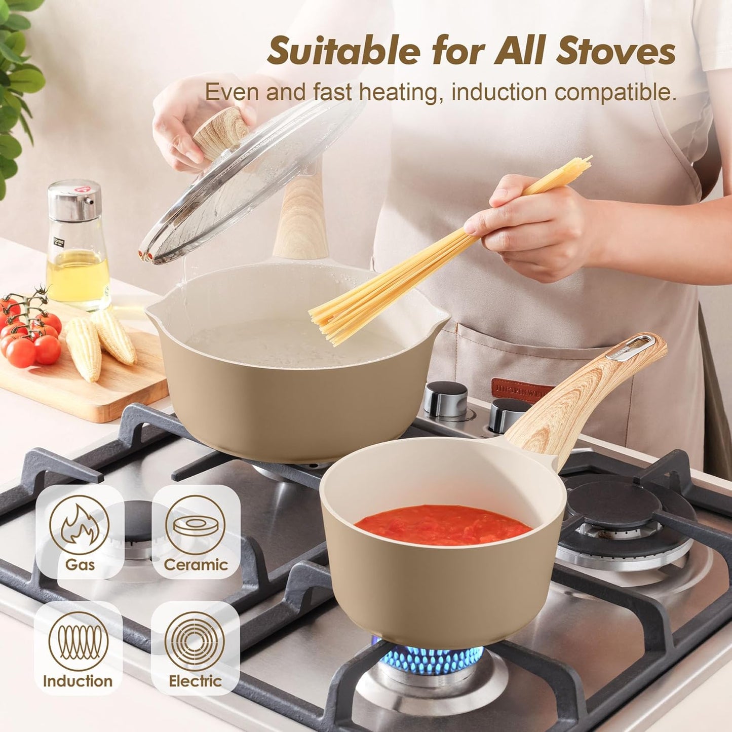 SENSARTE Nonstick Ceramic Saucepan - 1.5 Quart Cooking Pot with Lid & Stay-Cool Handle | PFOA Free