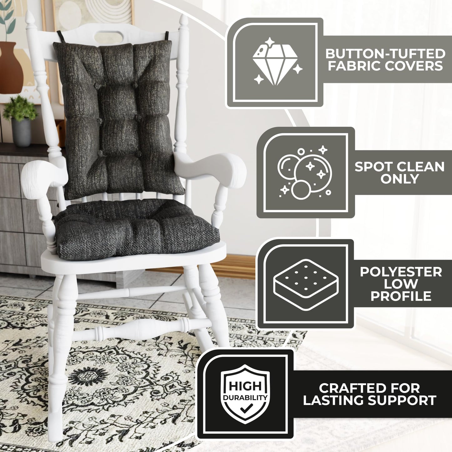 Klear Vu The Gripper Non-Slip Rocking Chair Cushion Set with Thick Padding, Includes Seat Pad & Back Pillow with Ties for Indoor Living Room Rocker, 17x17 Inches, 2 Piece Set, Black