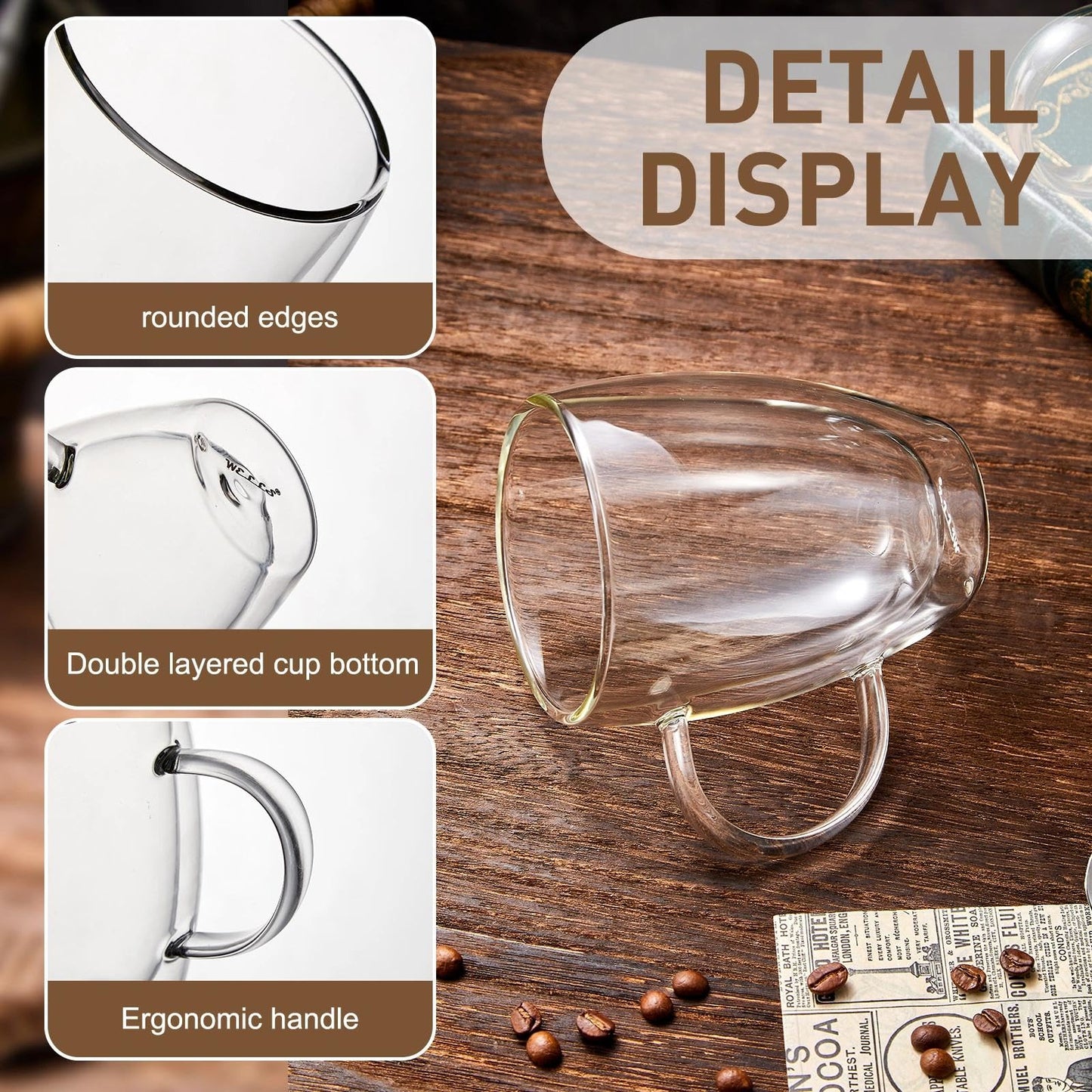 12 Oz Double Walled Glass Coffee Mugs with Handle, Insulated Layer Coffee Cups, Clear Borosilicate Glass Mugs - Gift for Cappuccino,Tea,Latte,Espresso,Hot Beverage,Cold Drinks, Set of 2