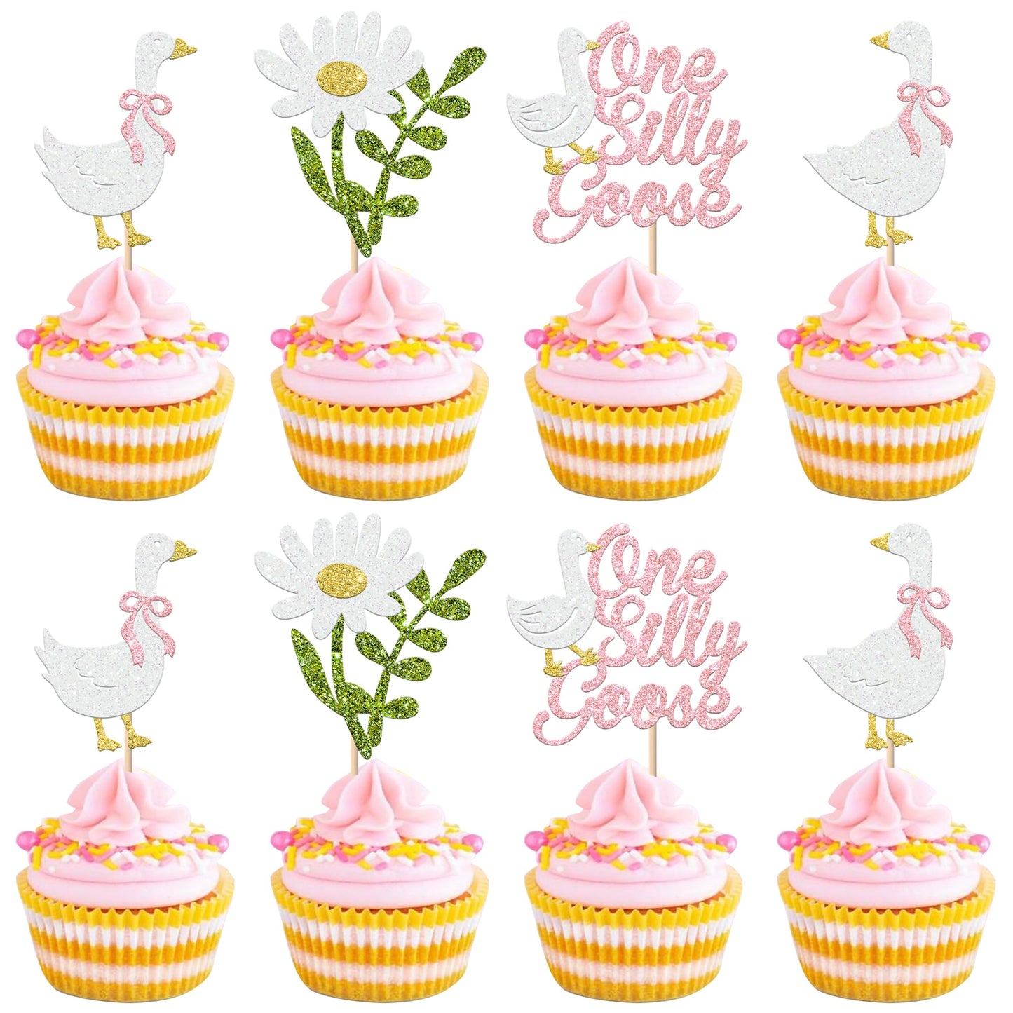 Rsstarxi 24 Pack One Silly Goose Cupcake Toppers One Silly Goose Birthday Decorations Pink Silly Goose 1st Birthday Cupcake Pick for Baby Shower Boys Girls First Birthday Party Cake Decorations