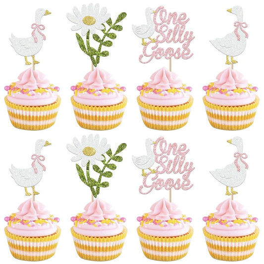 Rsstarxi 24 Pack One Silly Goose Cupcake Toppers One Silly Goose Birthday Decorations Pink Silly Goose 1st Birthday Cupcake Pick for Baby Shower Boys Girls First Birthday Party Cake Decorations