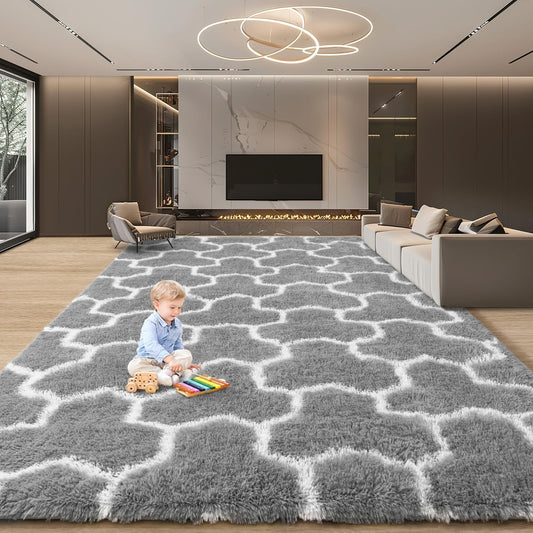 EVOIONOS 5x7 Washable Large Area Rug for Living Room, Grey and White Geometric Pattern Fluffy Shag Rug for Bedroom, Ultra Soft Plush Non Slip Carpet for Indoor Floor Nursery Kid Home Decor Aesthetic