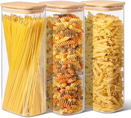 ComSaf Glass Storage Containers - 2.2 Qt Rectangle Jars with Bamboo Lids for Food Storage | Clear Pantry Organizer