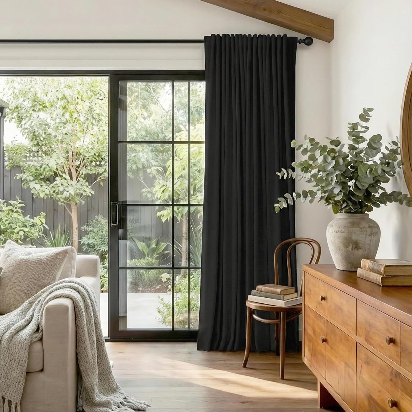 Skiennix 100% Blackout Linen Curtains - Thermal Insulated Drapes for Bedroom | 96" Long, Black, 100" W