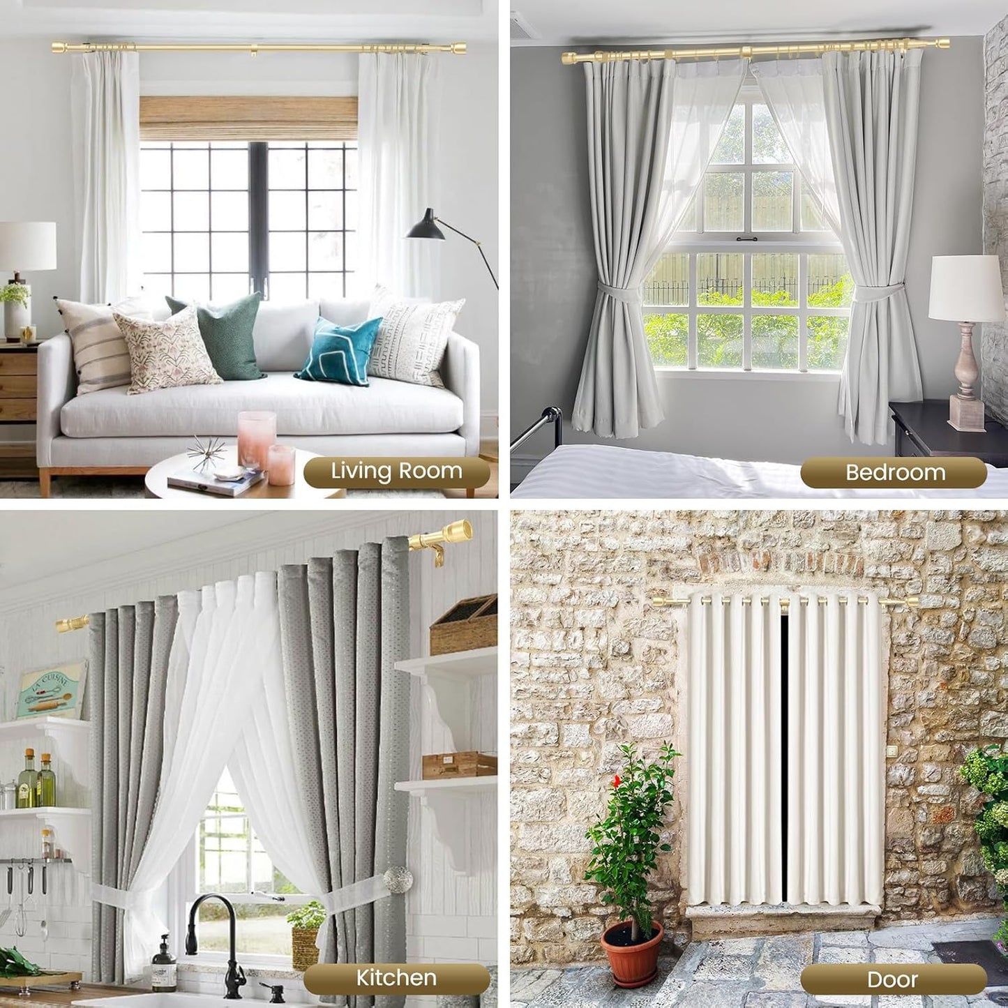 Skiennix 1” Diameter Gold Curtain Rod - Heavy Duty Adjustable 30-90 Inch for 30-84 Inch Windows