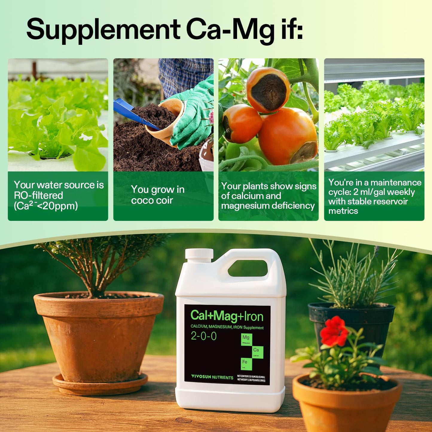 VIVOSUN Cal+Mag+Iron (2-0-0), Calcium, Magnesium & Iron Supplement, Liquid Nutrient Fertilizer for All Plants, Concentrated Plant Food for Soil/Soilless Cultivation, Hydroponics, 1 Quart
