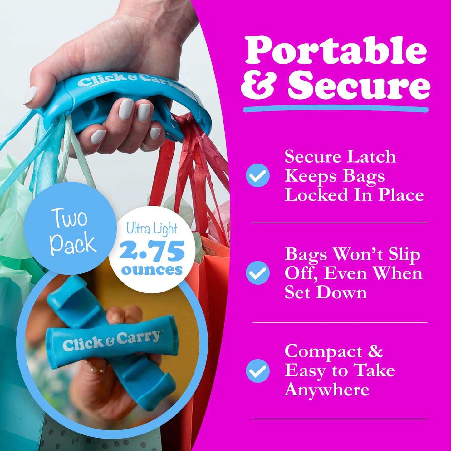 Click & Carry Grocery Bag Carrier Handle - Carry More in Fewer Trips, 100lb Capacity, Hands-Free, Gel-Padded Ergonomic Design, Shopping & Grocery Bag Holder - As Seen On Shark Tank, Blue, 2 Pack
