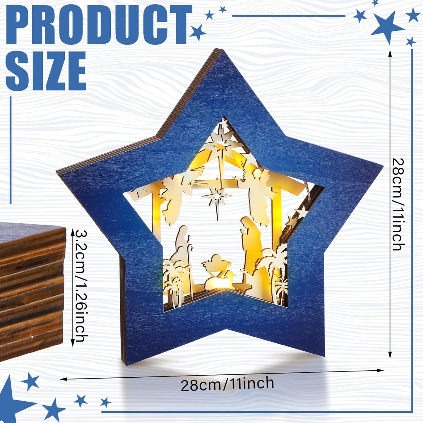 Wooden Nativity Scene Set - Rustic Christmas Tabletop Decoration with LED Light | Blue & White