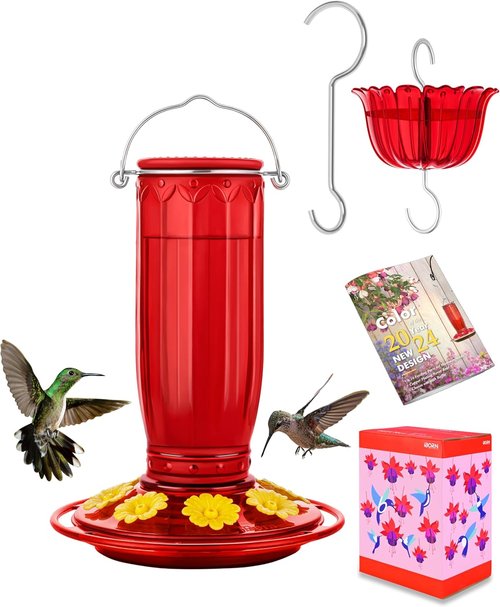 iBorn Hummingbird Feeder - 8-Port Glass Design with Ant Moat | 16oz Capacity, Yellow Flowers & Red Glass
