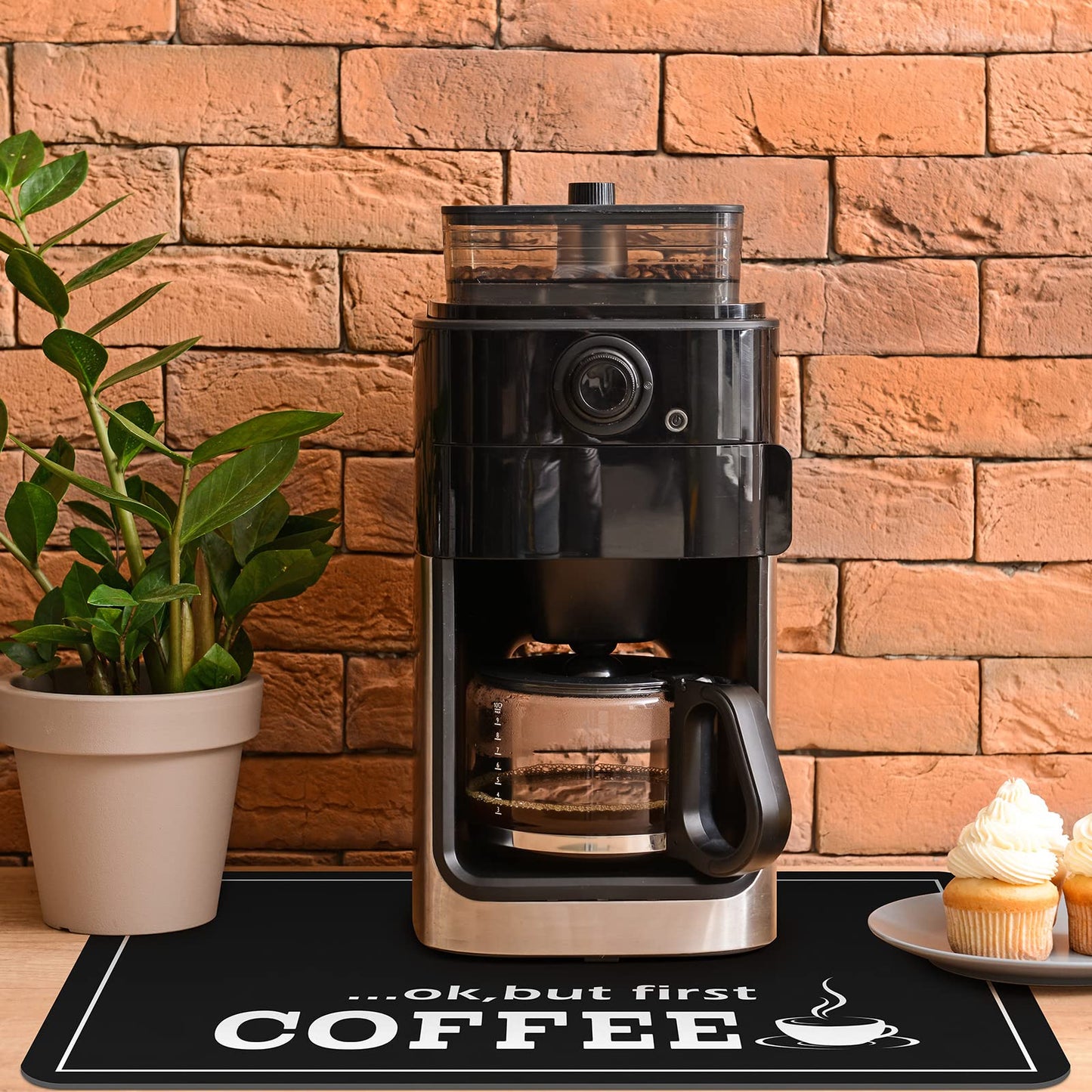 Queekay Coffee Bar Mat for Counter 24" x 16" Absorbent Dish Drying Mat for Kitchen Coffee Bar Accessories Hide Stain Rubber Backed Black Counter for Machine(Classic Style,Black)