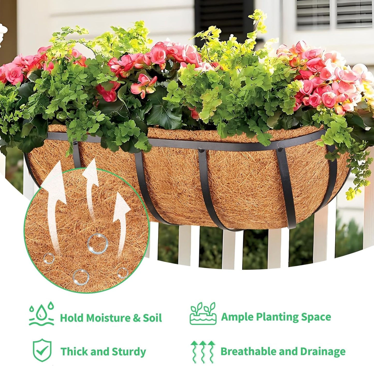 Legigo 16-Inch Window Box Planters - Durable Metal Railing Planters with Coconut Liners | 2-Pack for Outdoor Use