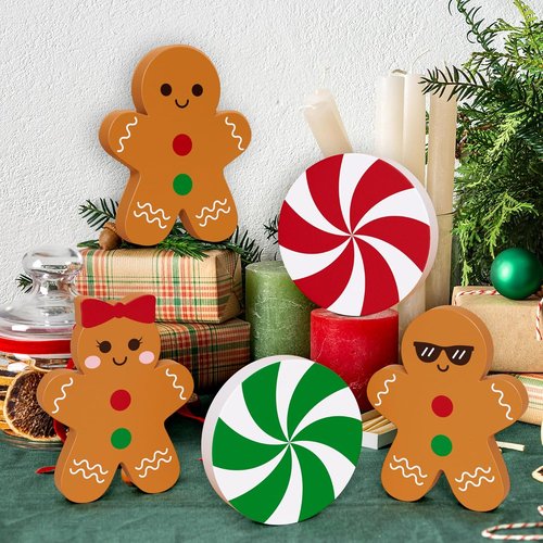 Gingerbread Christmas Decorations - 5 Pcs Wooden Candy Signs for Tiered Tray Decor | Home & Kitchen