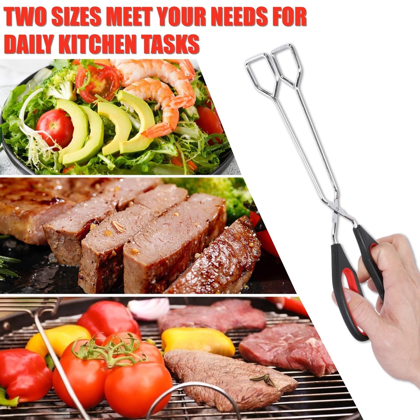 Topoem Tongs for Cooking, Set of 2 Heat Resistant Stainless Steel 10-Inch and 12-Inch Kitchen Scissor Tongs for BBQ, Food, Salad