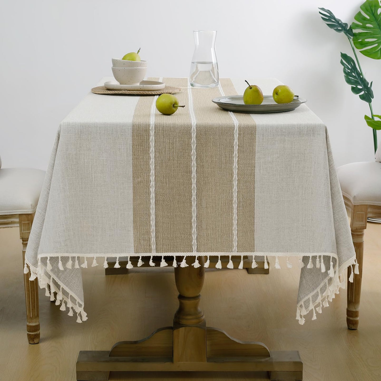 Softalker Outdoor Tablecloth Rectangle, Waterproof Linen Cotton Farmhouse Table Cloths with Tassel, Heavy Weight Wrinkle Free Boho Table Cover for Picnic Camping Dining - 55 x 70 Inch, Coffee Lines