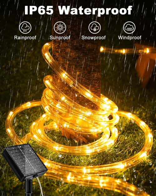 Btfarm Solar Rope Lights - 120 LED 46FT Waterproof Outdoor String Lights | 8 Lighting Modes for Garden, Patio, Wedding Decor - Warm White
