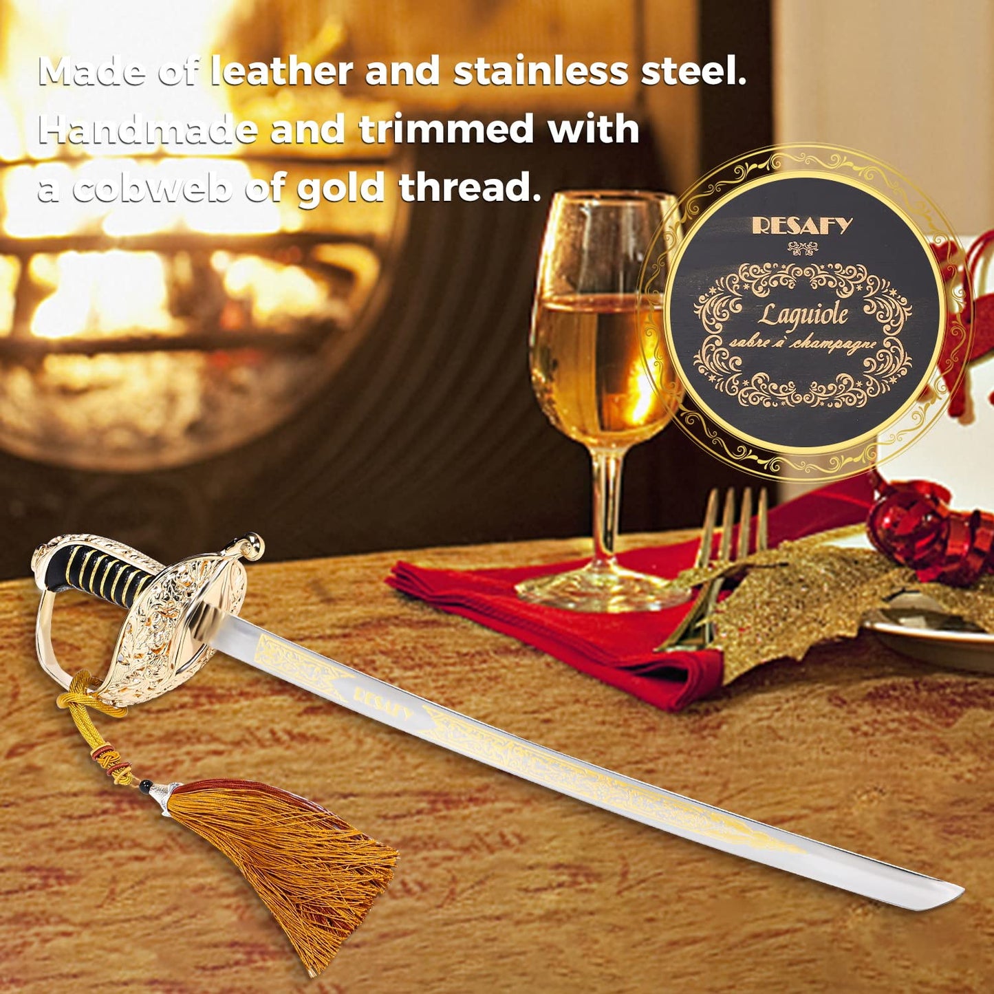 Resafy Champagne Saber Champagne Golden Handle Knife Champagne Sword Champagne Opener With Gift Case for Party Wedding
