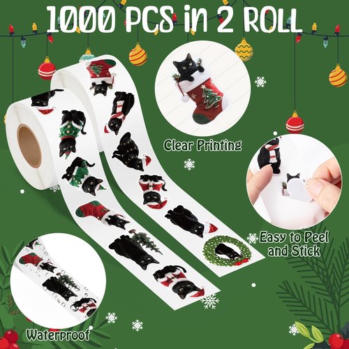BkeeCten Christmas Black Cat Stickers - 600 Pcs Christmas Black Cat Waterproof Vinyl Reusable Laptop Stickers Coloring Book Scrapbook Water Bottle Page Activity Pad Party Favors Skateboard Giftwrap
