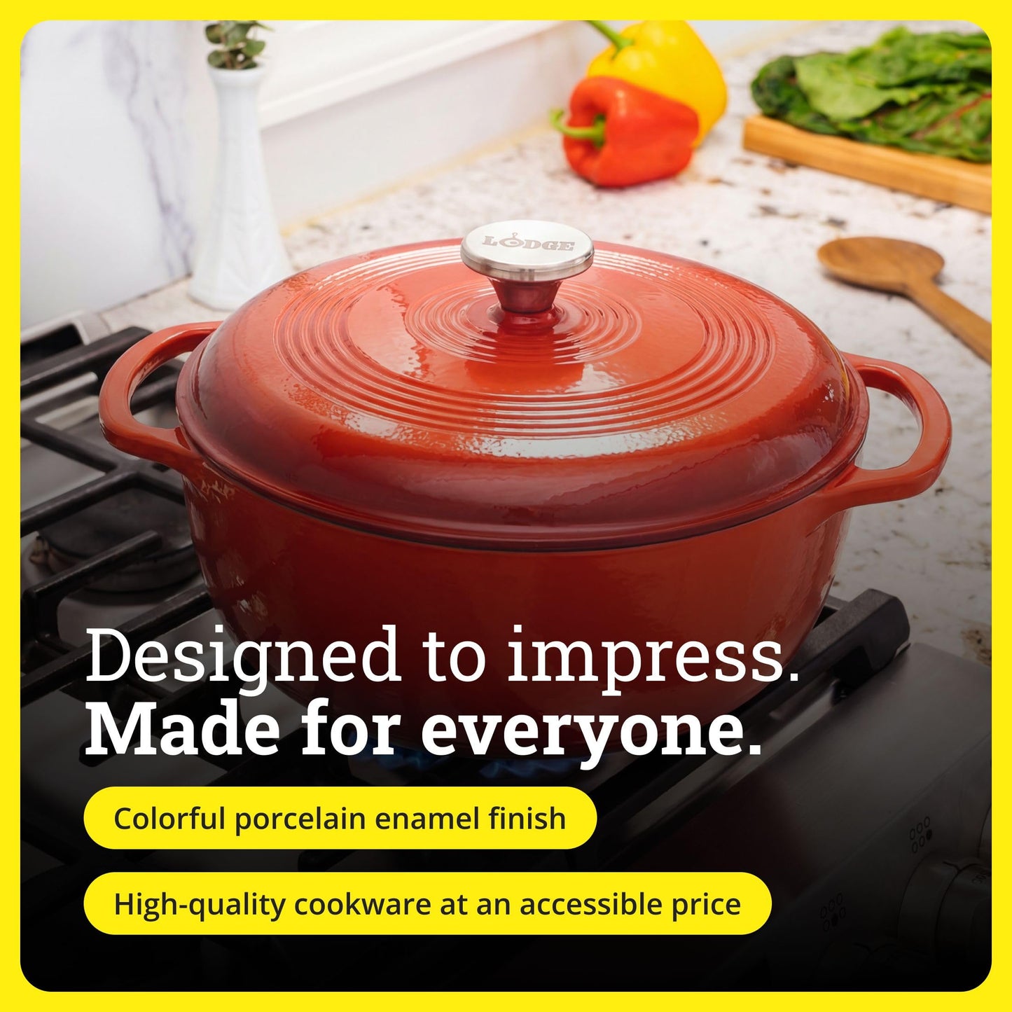 Lodge Essential Enamel Cast Iron Dutch Oven - Perfect for Bread Baking, Braising, Marinating & Slow Cooking - Features Moisture-Sealing Lid & Dual Handles - Kitchen Essentials - 6 Quarts - Poppy