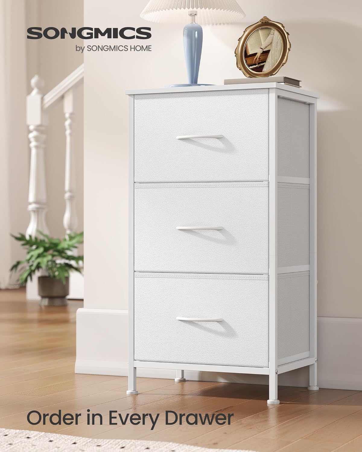SONGMICS Dresser - Stylish Chest of Drawers with 3 Non-Woven Fabric Bins | Cloud White & Snow White