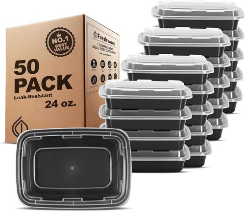 Freshware Meal Prep Containers - 50 Pack, 1 Compartment, BPA Free, Stackable, Microwave/Dishwasher Safe | 24 oz