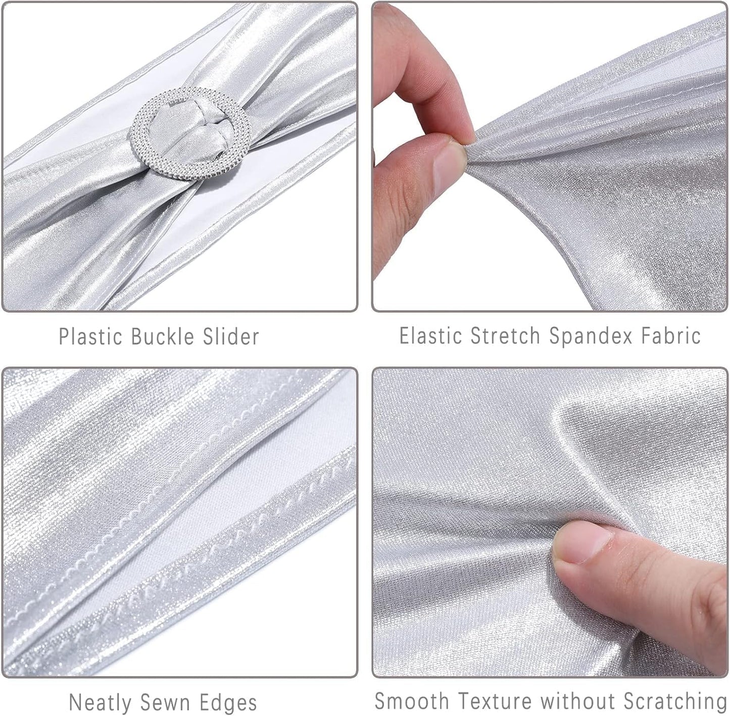 MDS Spandex Foil Chair Sashes - Universal Fit Elastic Stretch Bands with Buckle for Weddings | Metallic Silver - Pack of 10