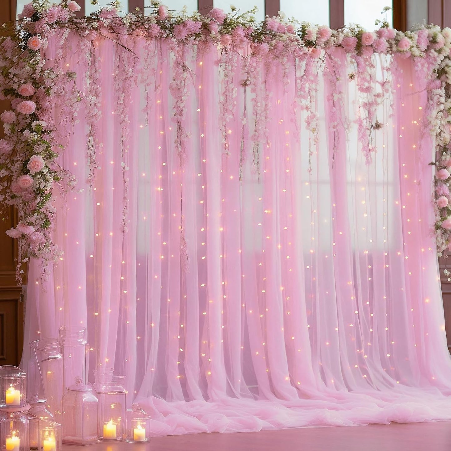 Skiennix 10ft x 10ft Pink Backdrop Curtain - Sheer Tulle with String Lights for Weddings & Parties