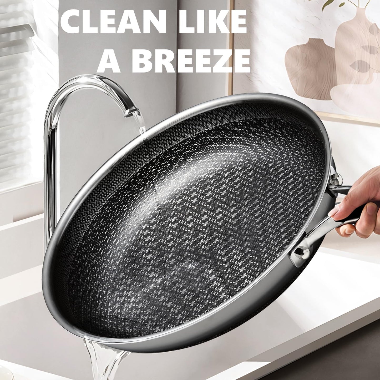 OATOFP Non Stick Frying Pans 12 inch, Hybrid Frying Skillets Nonstick with Lid,non stick Stainless Steel Pans, Dishwasher and Oven-Safe Chef Pan, Induction Compatible Cooking Pan, PFOA Free Cookware