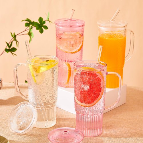GOSCHE Glass Cups with Lids and Straws, 24oz Glass Tumbler with Straw and Lid, Iced Coffee Cups with Handle for Smoothie Juice Water Tea, Pink, 2 Pack