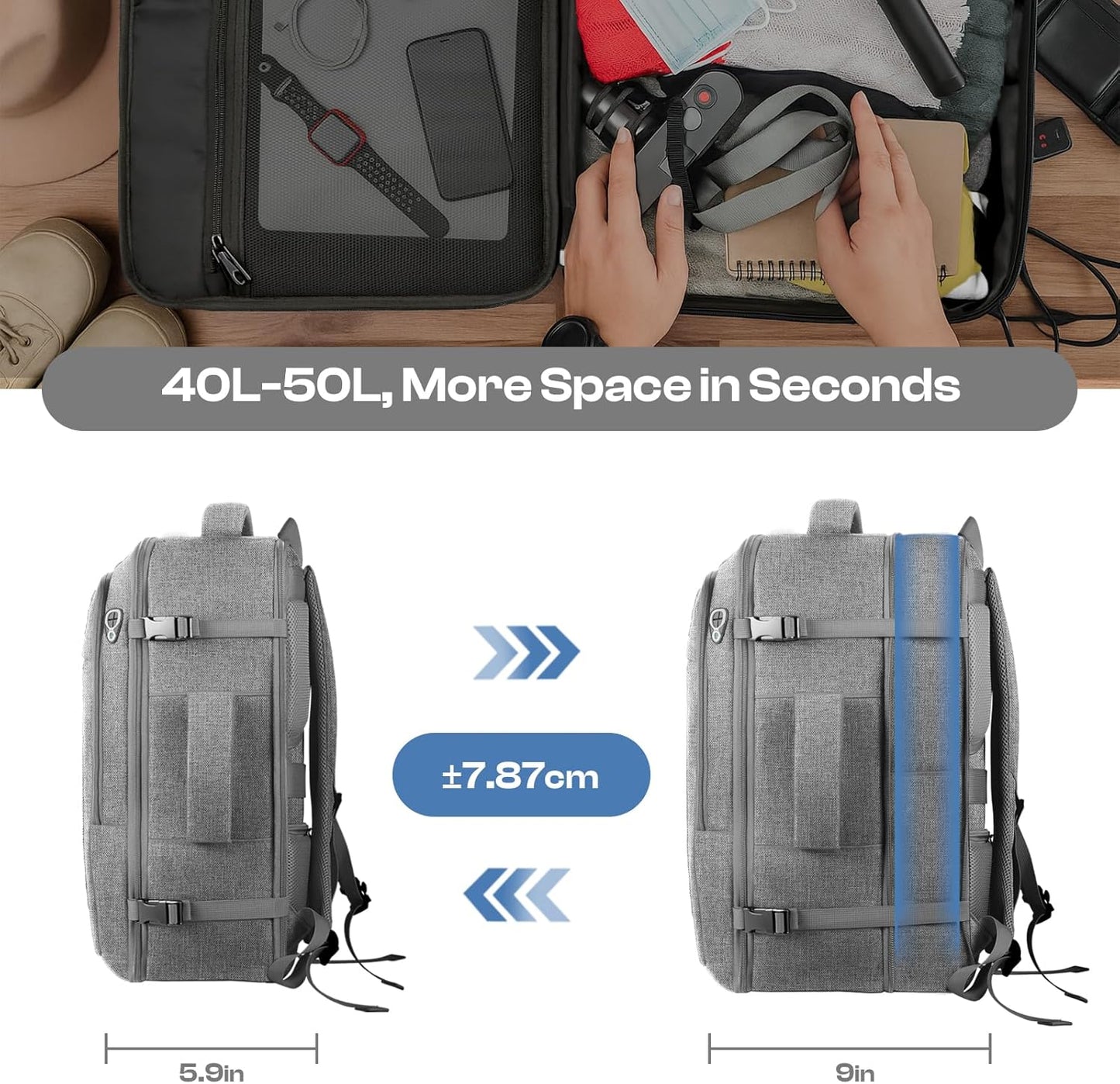 Skiennix Travel Laptop Backpack - Extra Large 40L-50L, Water Resistant, TSA Approved for 17.3" Laptops - Grey