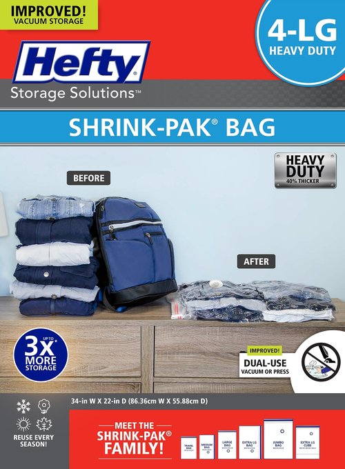Hefty Vacuum Bags for Clothes 4 Pack, Space Saving Large Vacuum Storage Bags (34 X 22 Inches) Compression Seal for Bedding, Travel Pump Included (4 Large Heavy Duty)