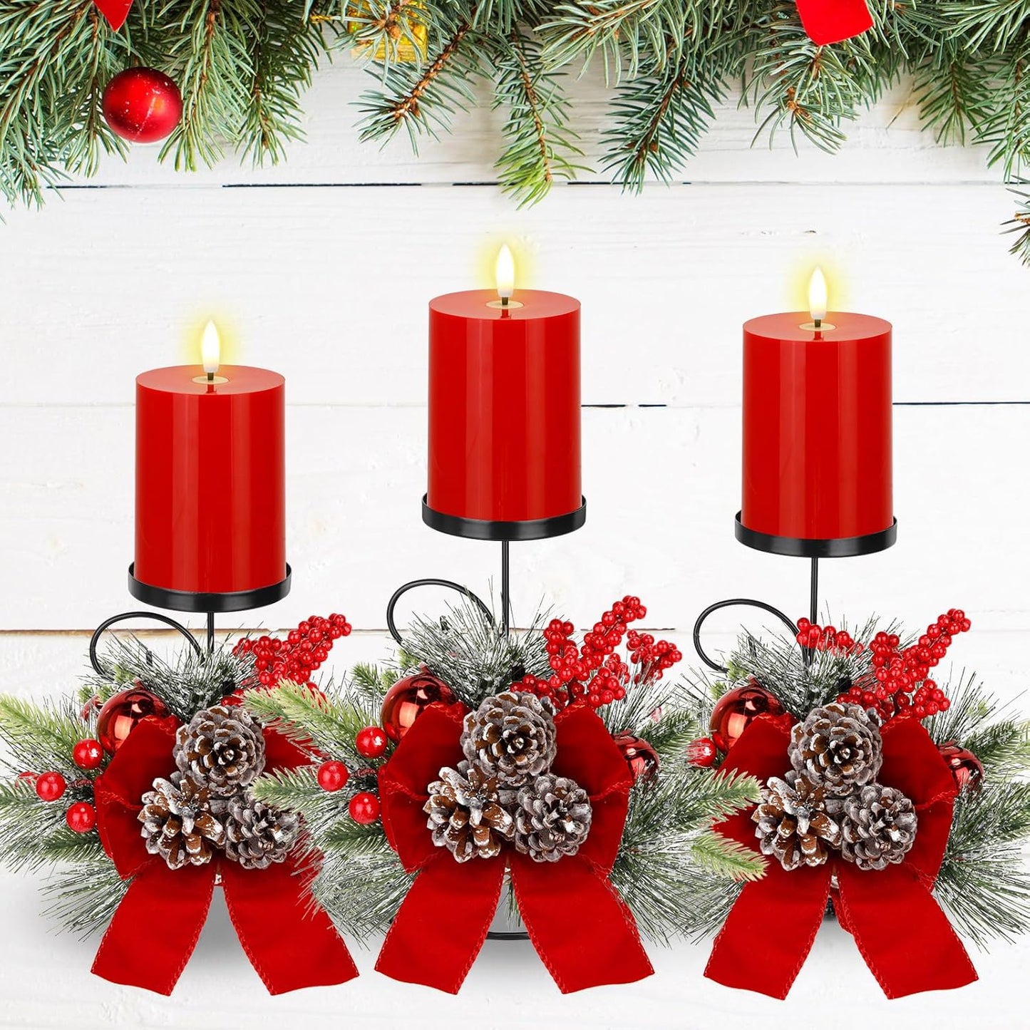 Yunlly Christmas Candle Holder Set - 3 LED Battery-Operated Pine Cone Ball Centerpieces | Festive Table Decor