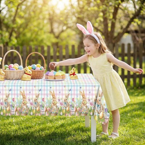 BokingOne 3 PCS Easter Tablecloth, Disposable Plastic Table Cover Rectangle 54 x 108 Inch - Bunny, Eggs, Buffalo Check Plaid Design for Spring Party Decor, Kitchen Dining Indoor Outdoor Home Decor