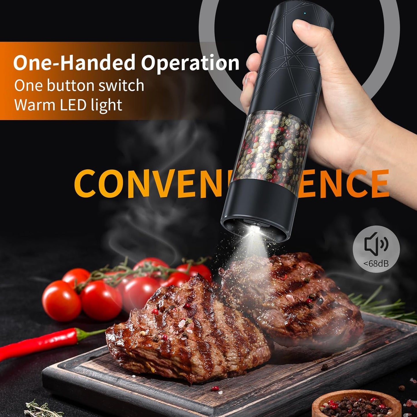 Lidaop Electric Salt and Pepper Grinder Set - USB Rechargeable with LED Light | Adjustable Coarseness, Large Capacity, Black - 2-Pack