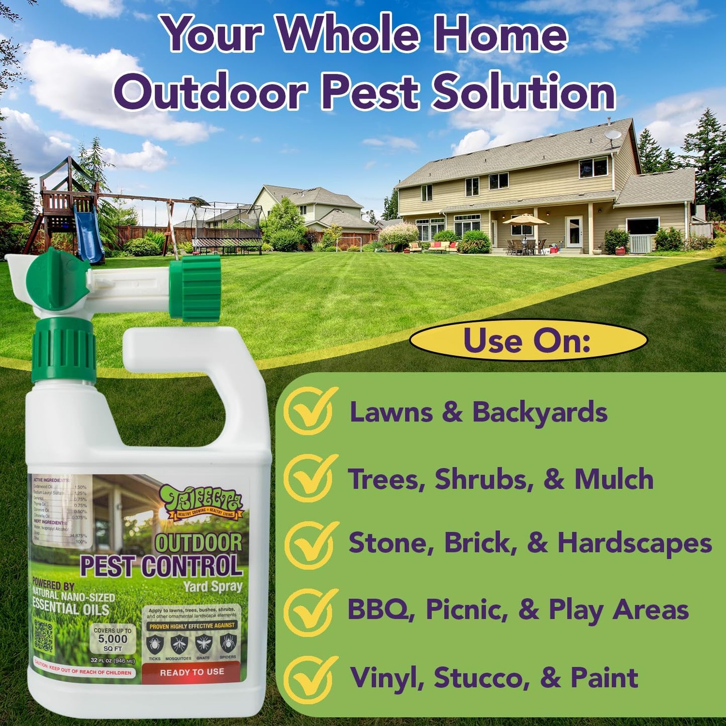 Trifecta Natural Outdoor Pest Control Yard Spray - Essential Oils Mosquito, Ant, Flea & Tick Killer | Safe for Kids & Pets | 32oz